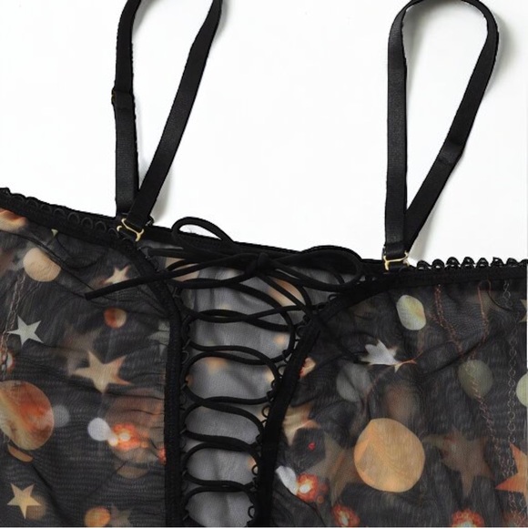 NWT Black Moon Star Chain Pattern Lace Up Mesh Strappy Rave Lingerie Bodysuit - Picture 10 of 11
